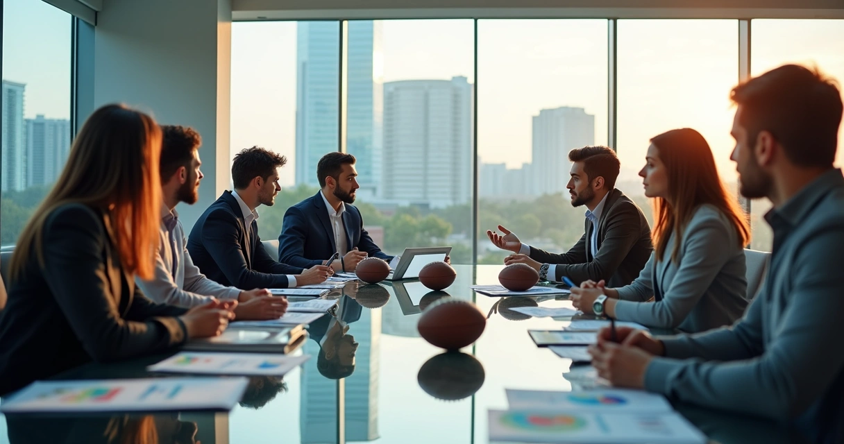 Sala de reunião moderna com influenciadores, documentos e bolas de futebol sobre a mesa 