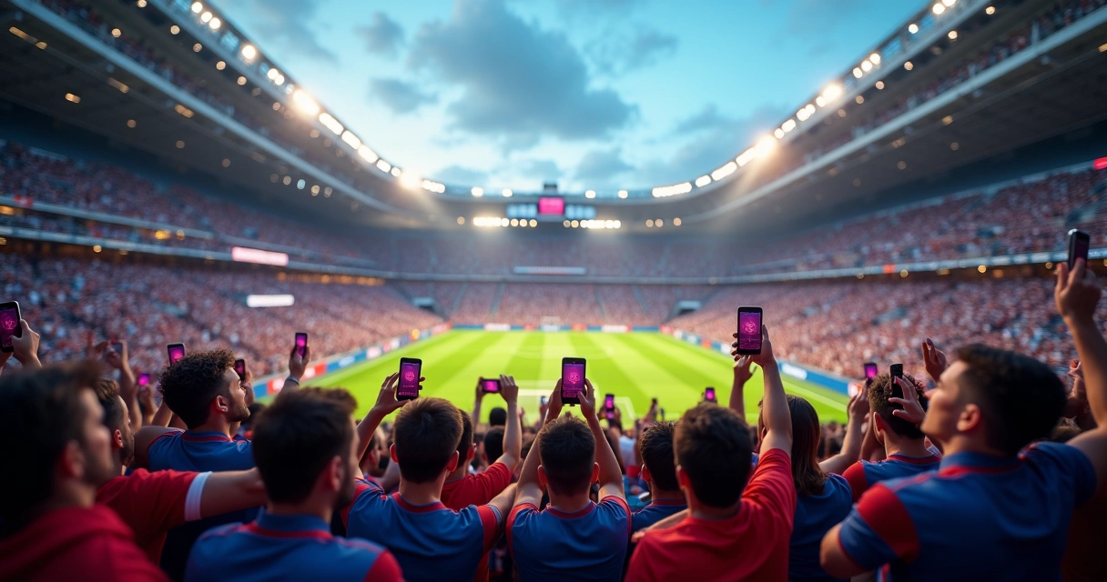 Torcedores no estádio interagindo com seus celulares durante jogo de futebol 