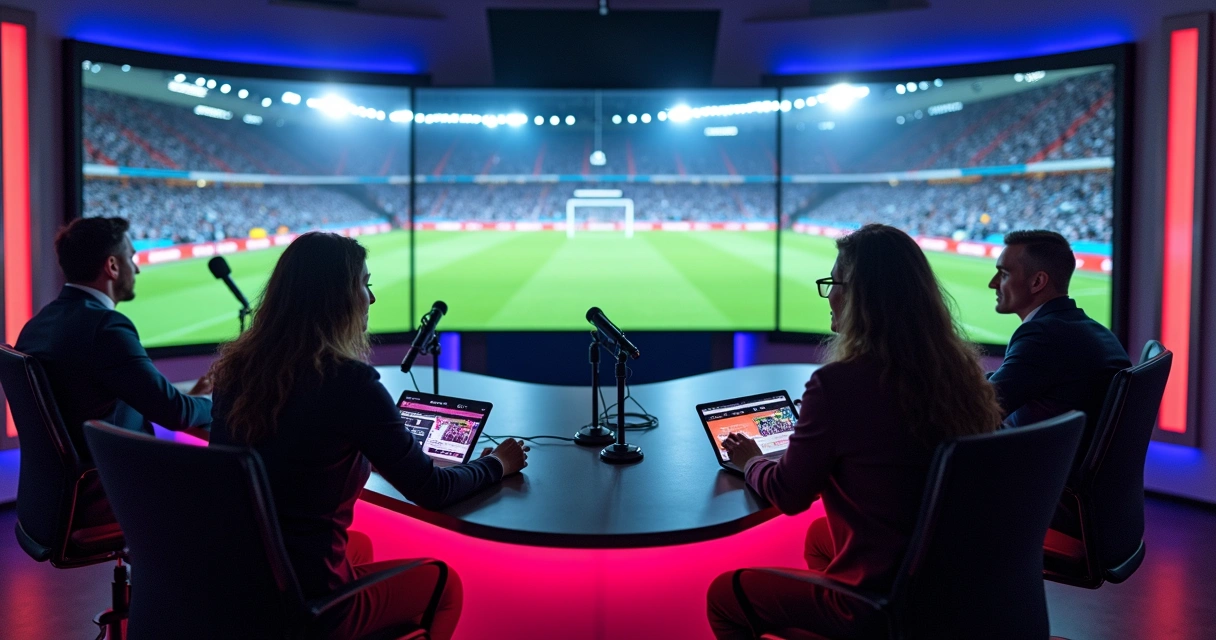 Influenciadores transmitindo partida alternativa de futebol em estúdio com equipamentos 
