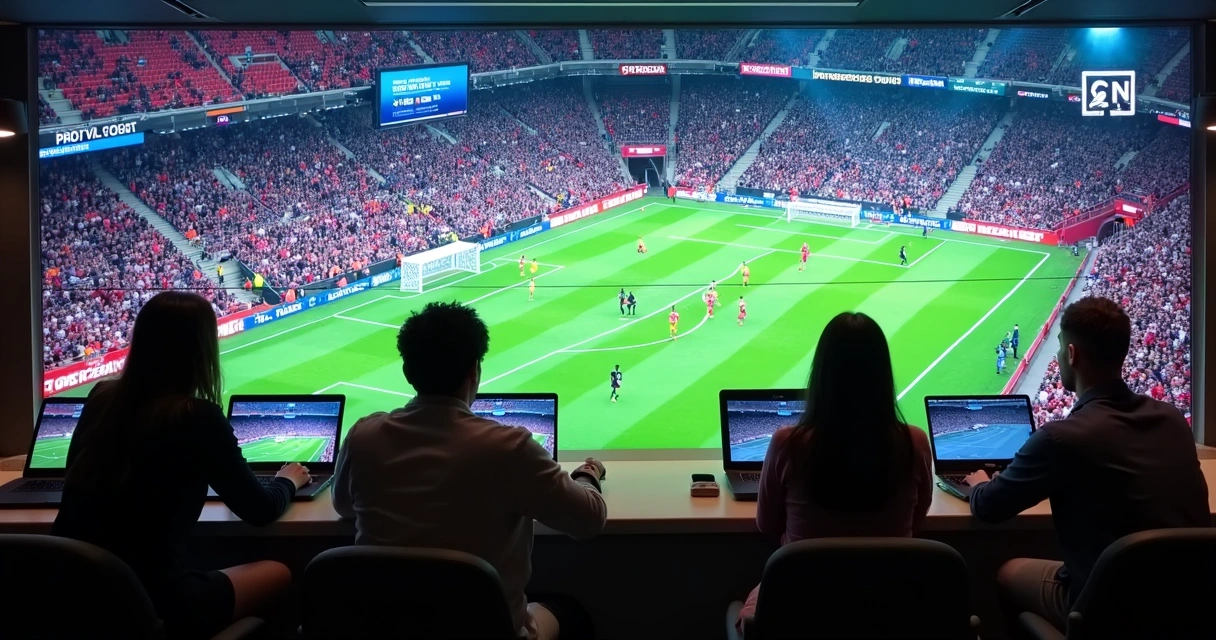 Cena de partida de futebol alternativo transmitida online, múltiplas telas mostrando transmissão digital 