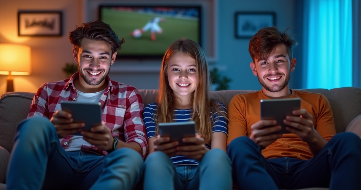 Jovens torcedores assistem futebol em tablets e celulares, vibrando 