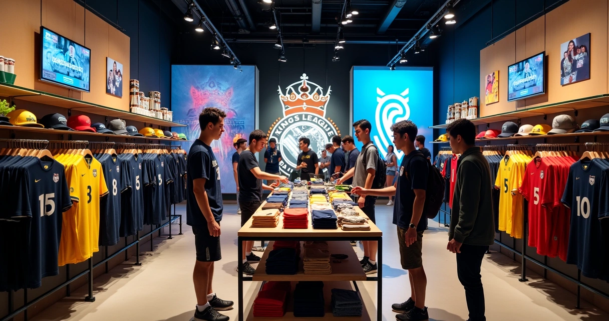 Produtos oficiais da Kings League Brasil expostos em loja pop-up com fãs comprando 