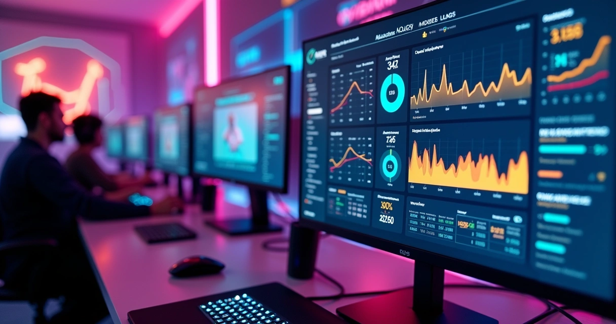 Ambiente de streaming esportivo com dashboard de métricas na tela 