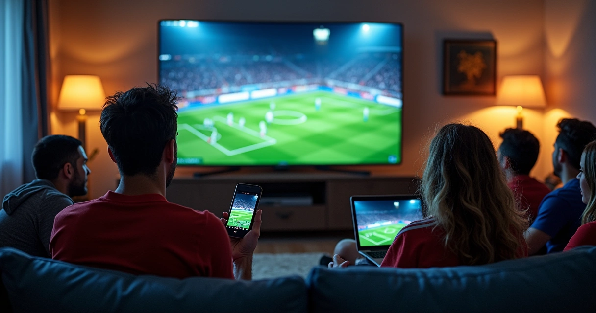 Torcedores assistindo futebol em casa com celulares e notebooks 