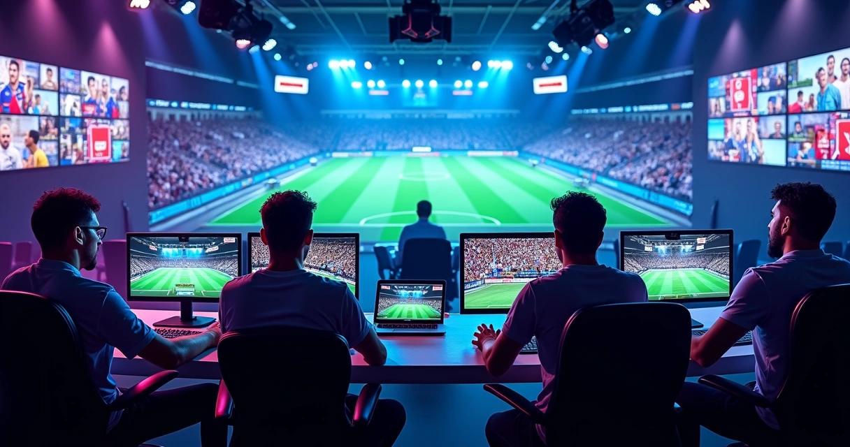 Equipe de transmissão de futebol em streaming com múltiplas câmeras