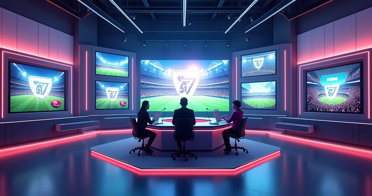 Equipe transmitindo partida da Kings League com câmeras e monitores em estúdio vibrante 